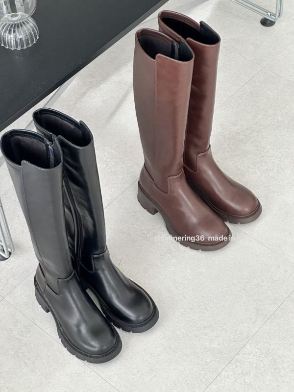 牛皮挺版側拉鏈長靴 