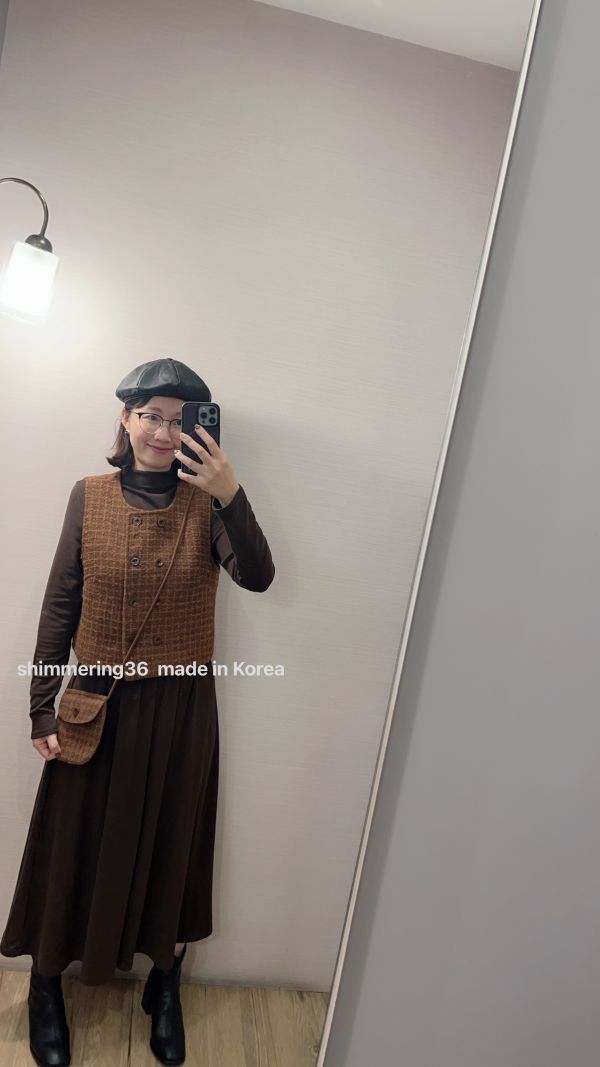 立領針織棉洋+格子背心套 