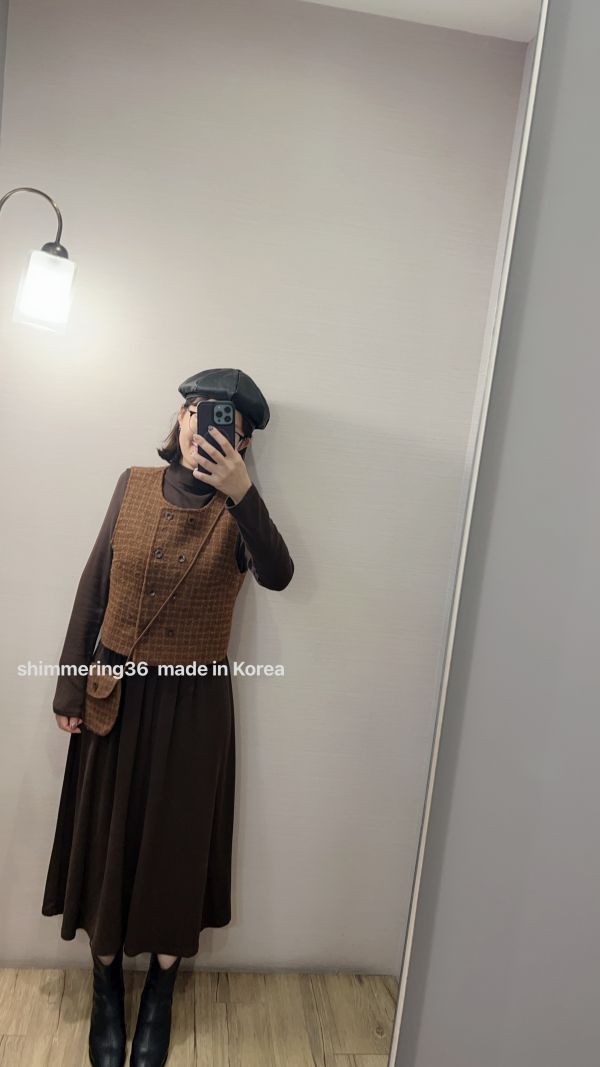 立領針織棉洋+格子背心套 