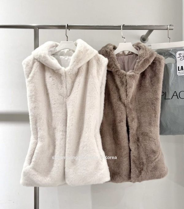 高級水貂毛收腰連帽背心 