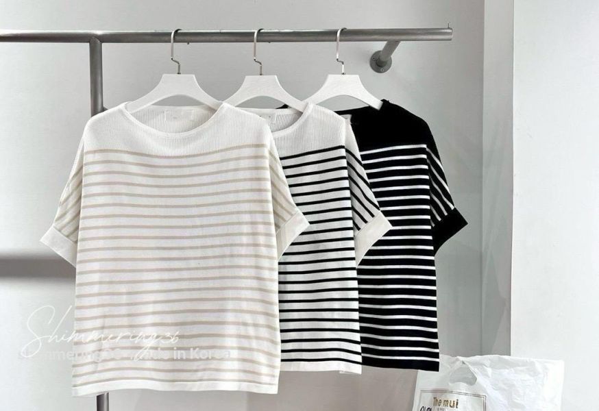 冰絲涼感橫條針織上衣 