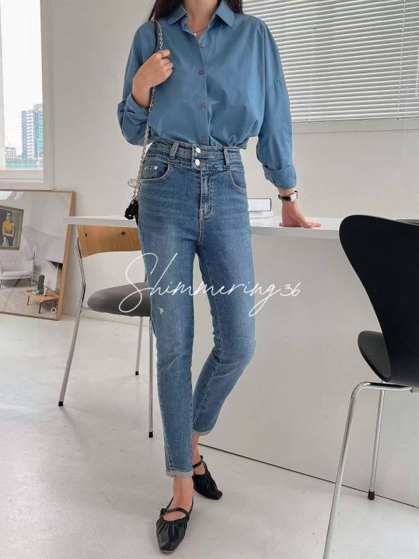 高腰瘦腿牛仔褲 