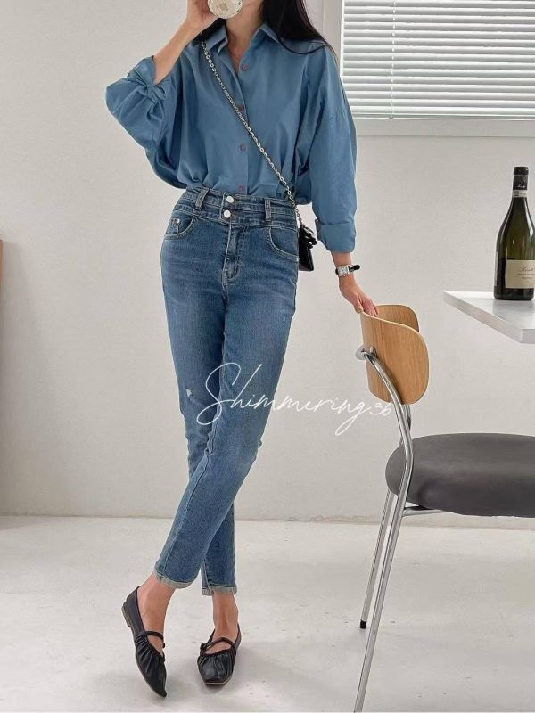 高腰瘦腿牛仔褲 