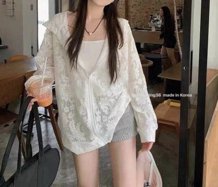 連帽蕾絲拉鍊外套 