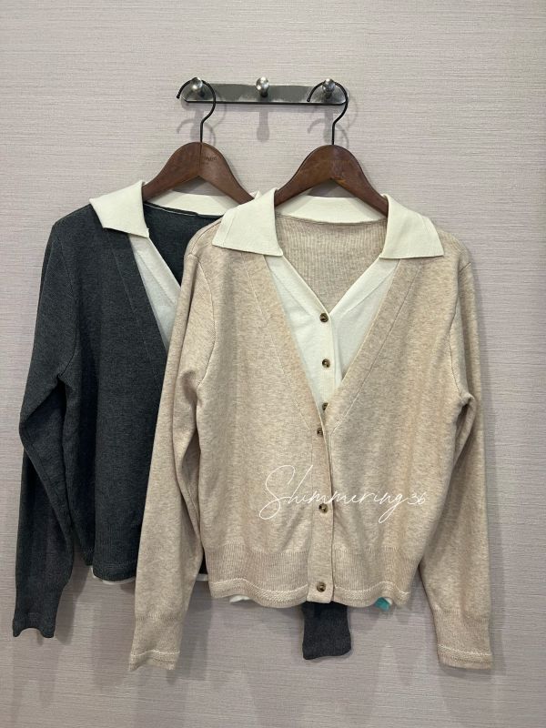 翻領假2件針織上衣 