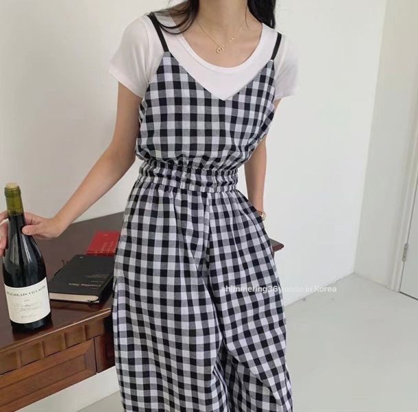 格紋連身褲2件套 