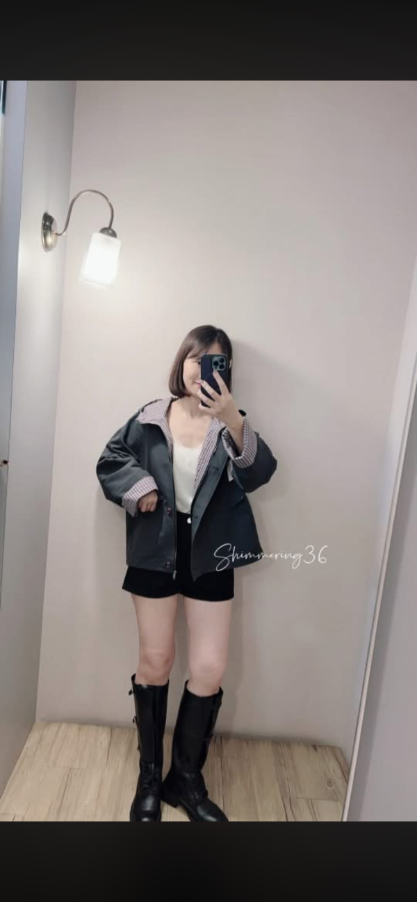 袖反折格紋風衣外 