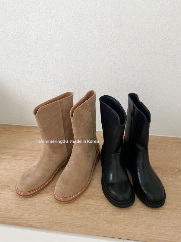 瘦腿前V牛皮中筒靴 