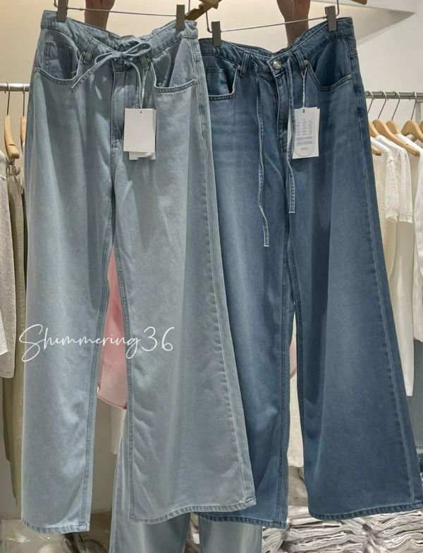 前綁結涼感直筒牛仔褲 