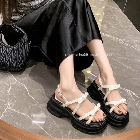 雙蝴蝶結厚底涼鞋 