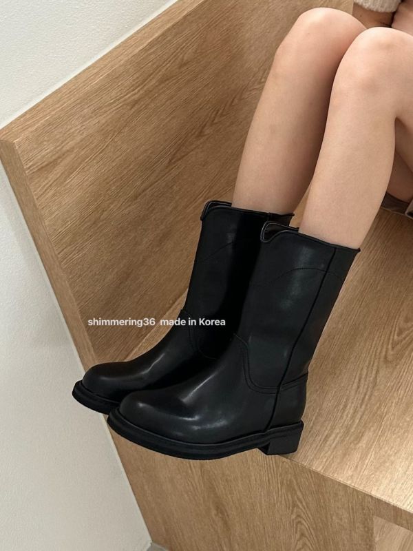 瘦腿前V牛皮中筒靴 