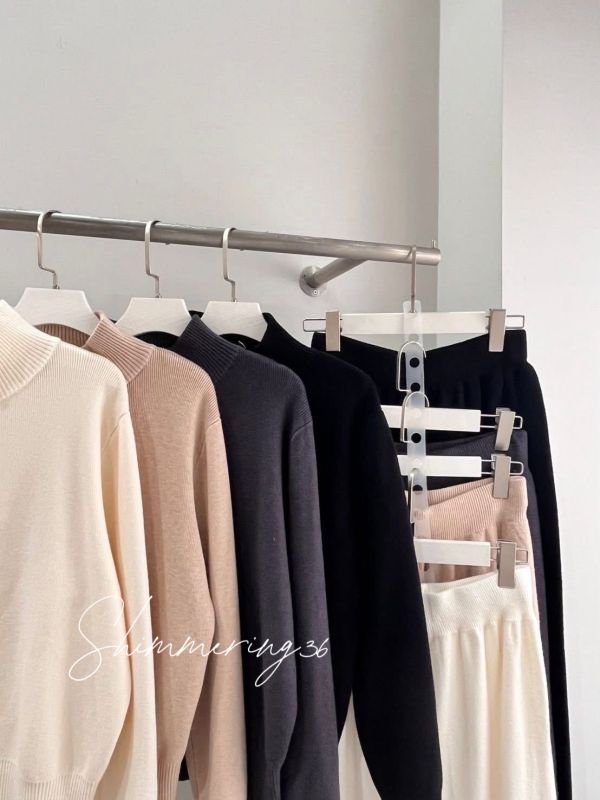 立領拉鏈羊絨針織套裝 