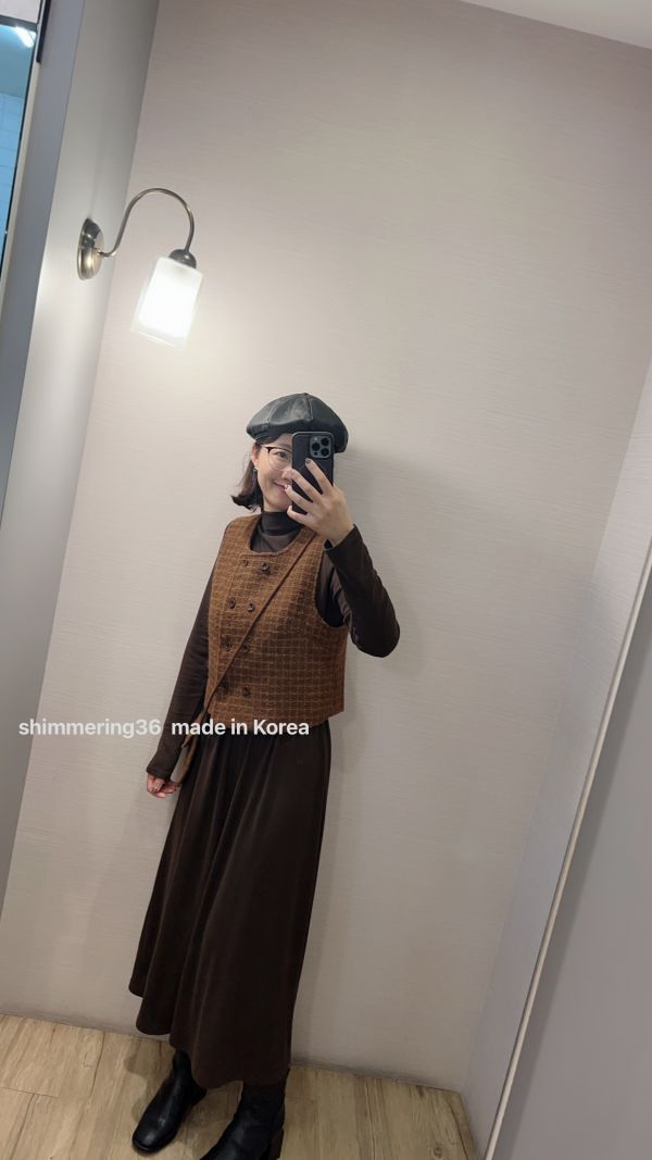 立領針織棉洋+格子背心套 