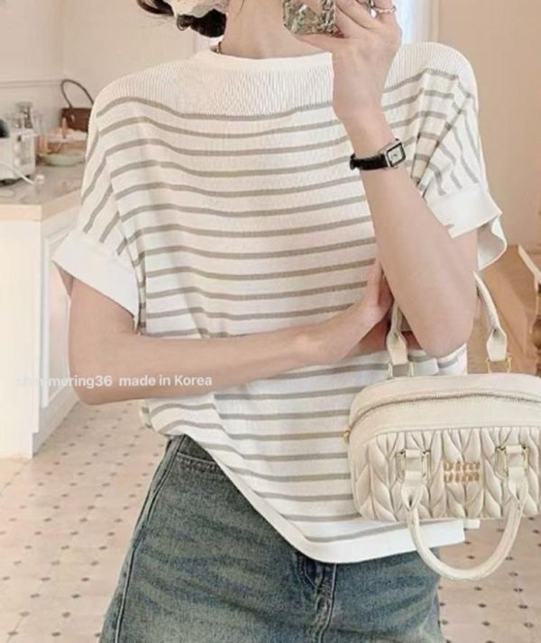 冰絲涼感橫條針織上衣 