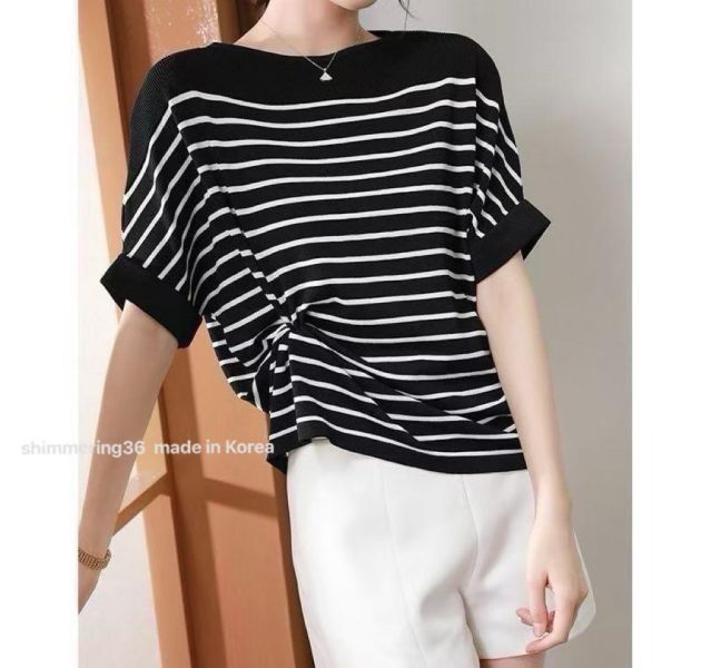 冰絲涼感橫條針織上衣 