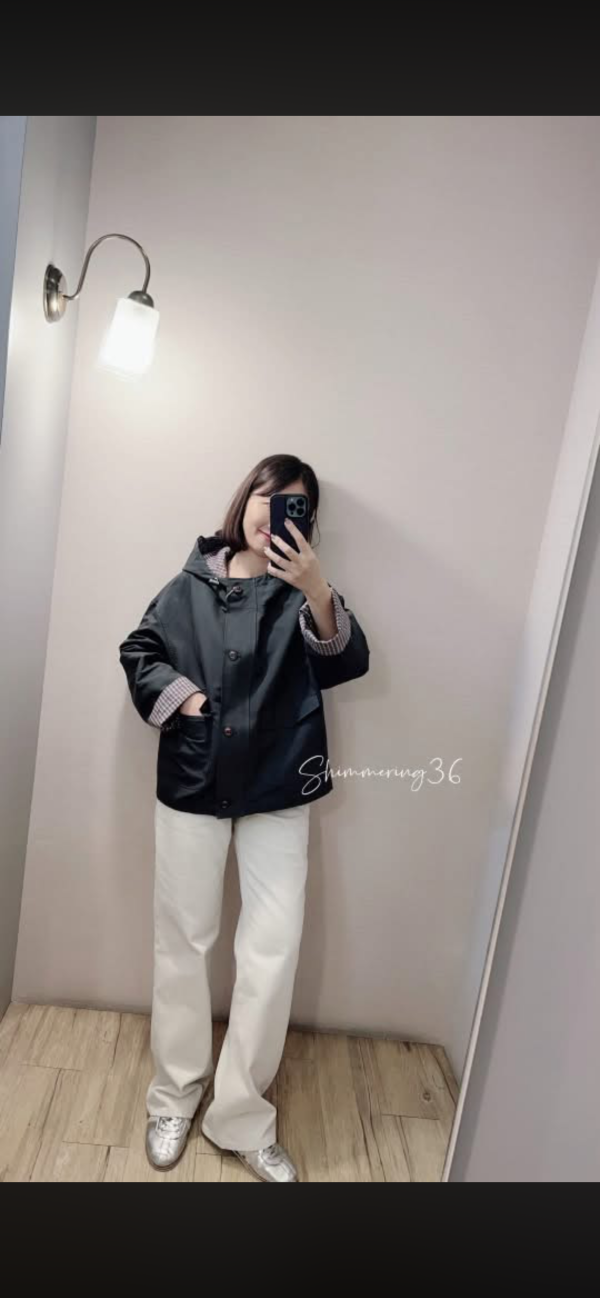 袖反折格紋風衣外 