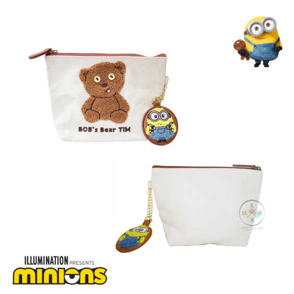 小小兵 MINIONS Tim熊 絨毛刺繡 帆布化妝包 收納包 附皮革吊飾 