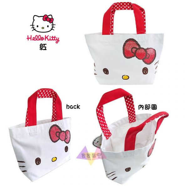 絕版!Hello Kitty凱蒂貓大臉蝴蝶結紅/粉/黑提把手提袋便當袋3選1 