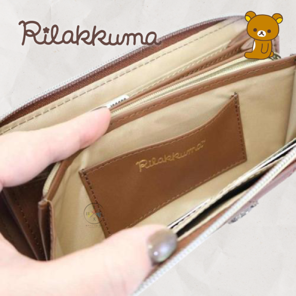 拉拉熊 懶懶熊 菱格 壓紋 立體金屬牌 拉鍊 長夾 米色 咖色 2選1 
