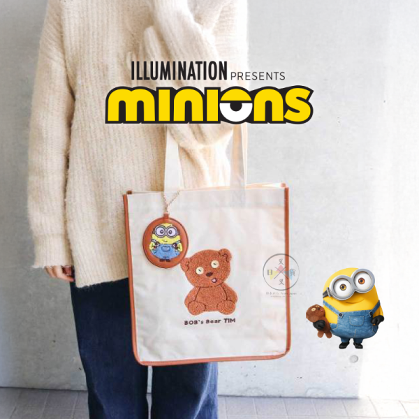 小小兵 MINIONS Tim熊 絨毛刺繡 帆布托特包 肩背包 附皮革吊飾 