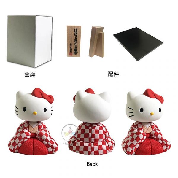 三麗鷗 Hello Kitty 凱蒂貓 陶瓷跪姿 穿和服公仔 紅格子 盒裝 日本製 