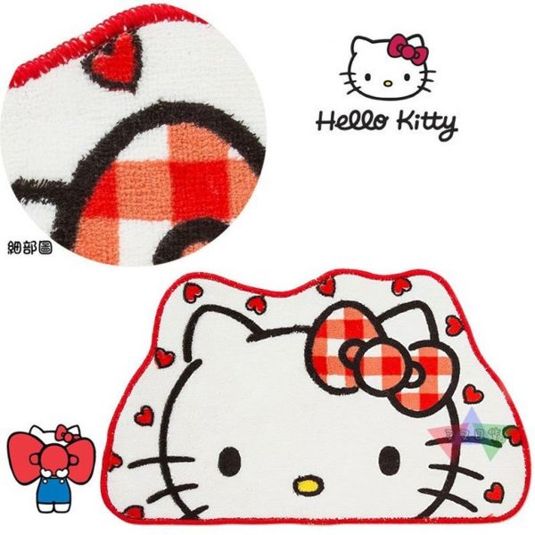 Hello Kitty凱蒂貓大臉格子蝴蝶結愛心白底半圓腳踏墊地墊 