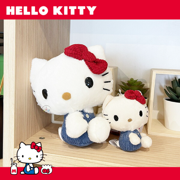 預購9月 三麗鷗 KITTY 凱蒂貓 藍色吊帶褲側坐 燈芯絨 絨毛玩偶 
