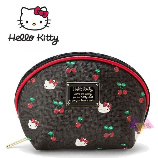 Hello Kitty凱蒂貓大頭紅櫻桃滿版黑底鐵牌貝殼形仿皮收納包化妝包 