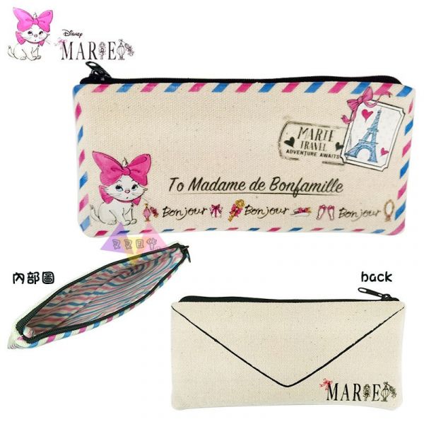 迪士尼 瑪莉貓 巴黎鐵塔郵票航空信封米黃帆布筆袋 