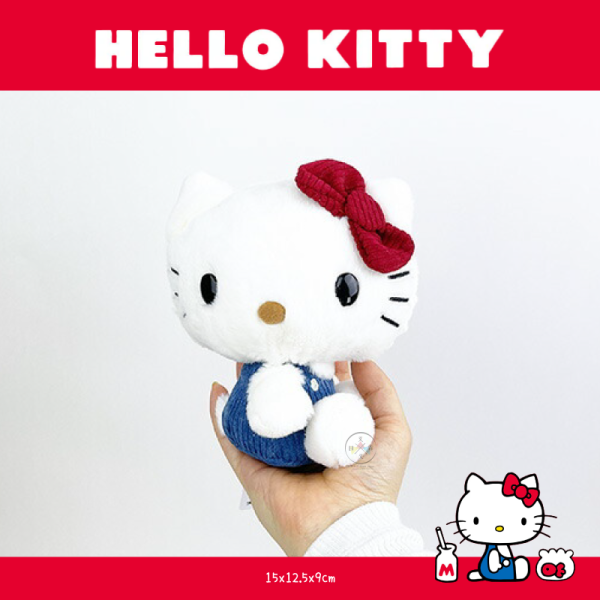 預購9月 三麗鷗 KITTY 凱蒂貓 藍色吊帶褲側坐 燈芯絨 絨毛玩偶 