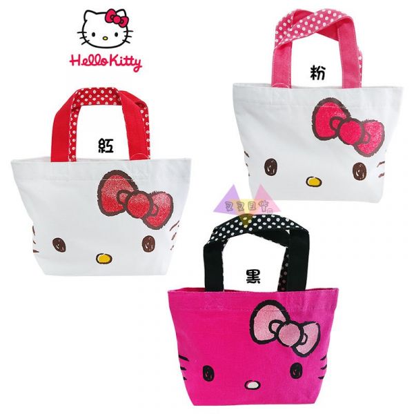 絕版!Hello Kitty凱蒂貓大臉蝴蝶結紅/粉/黑提把手提袋便當袋3選1 