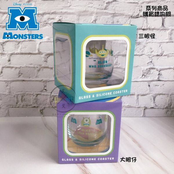 迪士尼 怪獸大學 大眼仔 透明玻璃杯 皮克斯球杯墊 2件組盒裝 日本製 