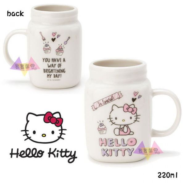 Hello Kitty凱蒂貓側坐愛心蛋糕字母白底梅森罐型馬克杯220ml盒裝 
