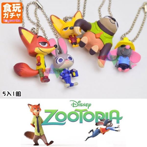迪士尼zootopia動物方城市茱蒂尼克快俠飛仔扭蛋公仔珠鍊吊飾5入組 