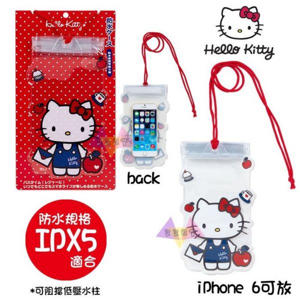 Hello Kitty凱蒂貓吊帶褲手拿蘋果信封防水可觸控式手機袋手機套附掛繩 