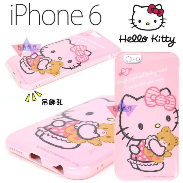 Hello Kitty凱蒂貓穿睡衣抱泰迪熊粉底iphone 6 6s 4.7吋手機軟殼 