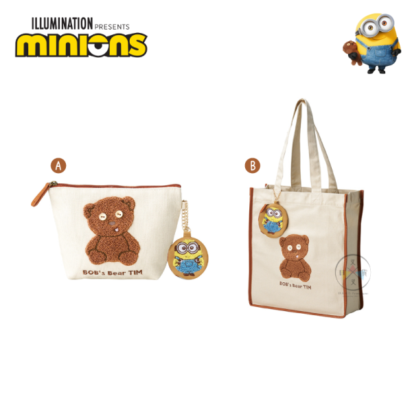 小小兵 MINIONS Tim熊 絨毛刺繡 帆布化妝包 收納包 附皮革吊飾 
