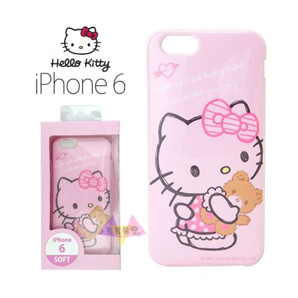 Hello Kitty凱蒂貓穿睡衣抱泰迪熊粉底iphone 6 6s 4.7吋手機軟殼 