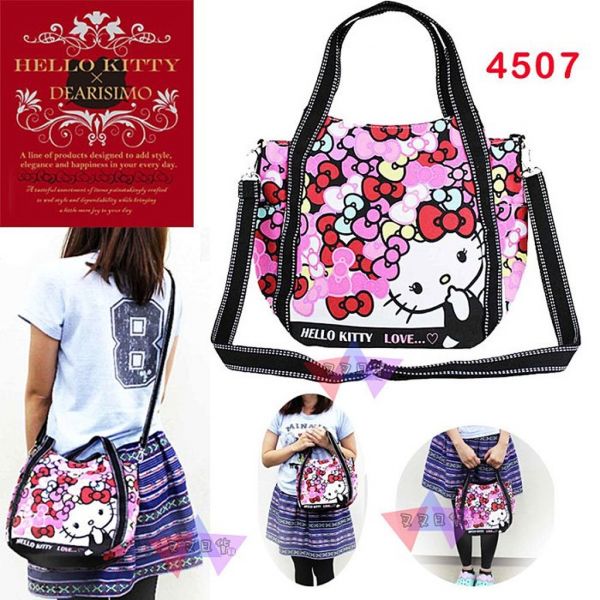 HELLO KITTY x DEARISIMO凱蒂貓吃手指彩色蝴蝶結滿版可側背手提托特包 