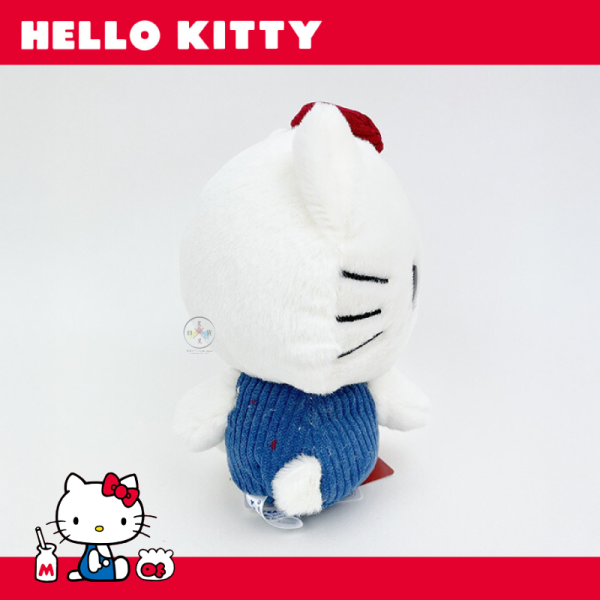 預購9月 三麗鷗 KITTY 凱蒂貓 藍色吊帶褲側坐 燈芯絨 絨毛玩偶 
