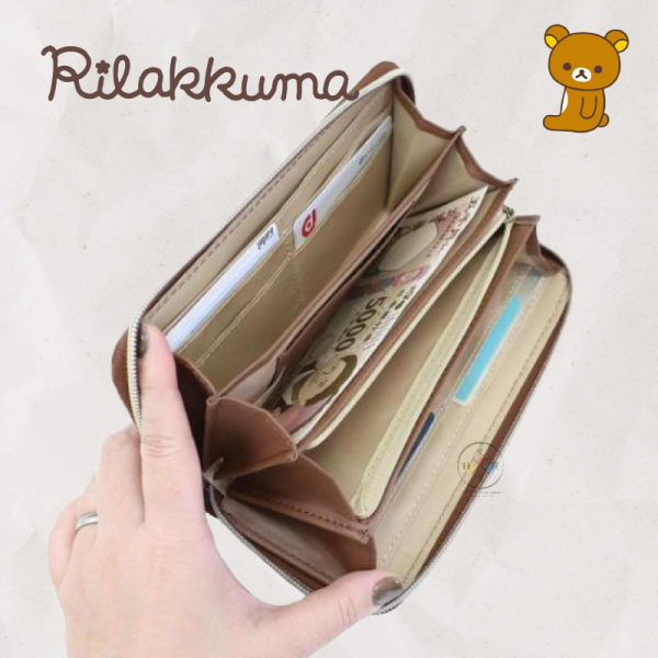 拉拉熊 懶懶熊 菱格 壓紋 立體金屬牌 拉鍊 長夾 米色 咖色 2選1 