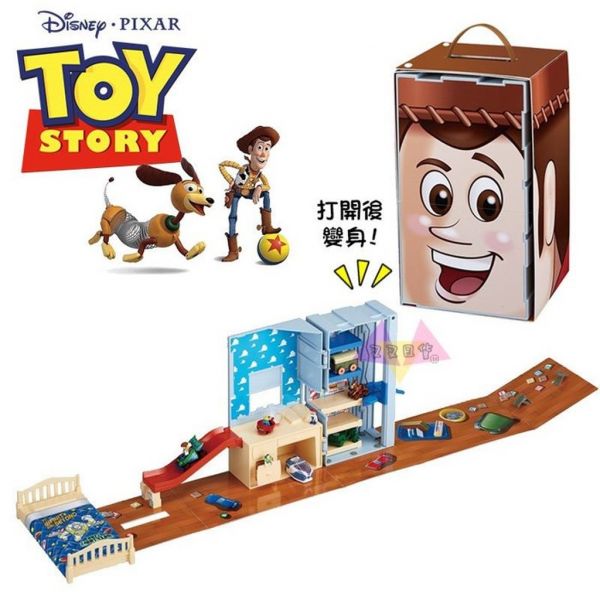 迪士尼玩具總動員胡迪大臉變身安迪的房間TOMY汽車玩具公仔小汽車收納盒高30公分 