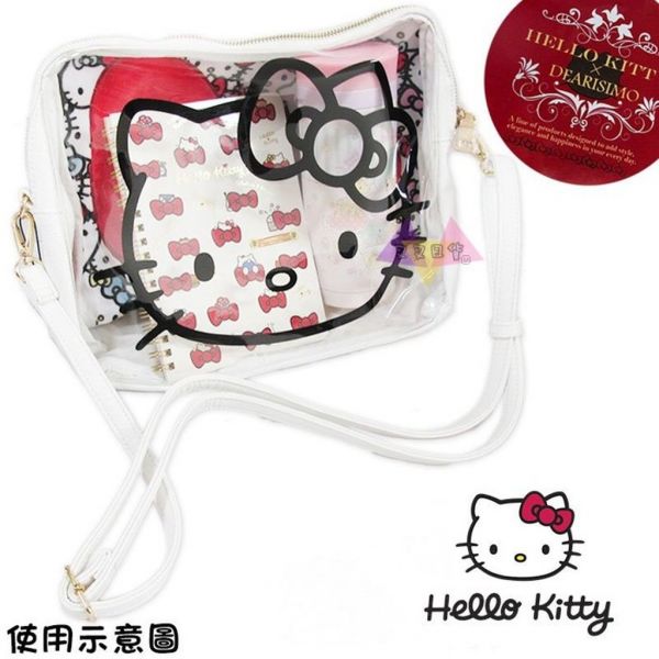KITTY X Dearisimo聯名大臉透明底蝴蝶結大頭滿版帆布仿皮質拼接側背包 