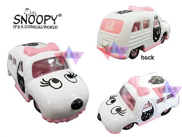 Snoopy史努比女朋友貝拉粉紅蝴蝶結白色TOMY小汽車公仔 