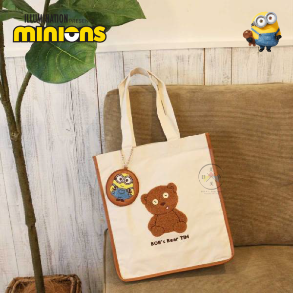 小小兵 MINIONS Tim熊 絨毛刺繡 帆布托特包 肩背包 附皮革吊飾 