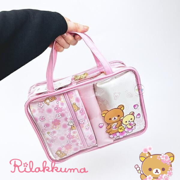 拉拉熊 懶懶熊 櫻花風 透明手提袋 旅行收納袋 化妝包 盥洗包 分裝包 4件組 