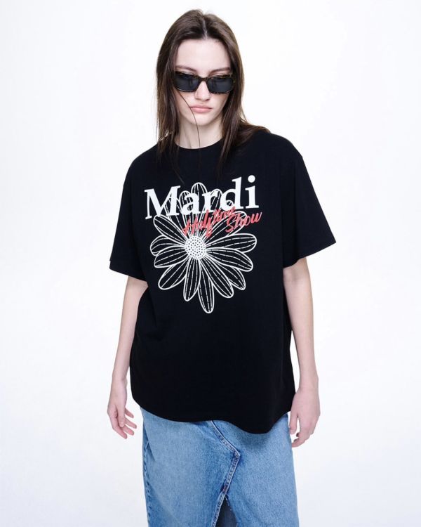 MARDI white flower black TEE 