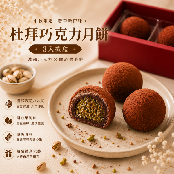 中秋限定｜杜拜巧克力月餅 3入禮盒 杜拜巧克力月餅、中秋月餅、中秋禮盒、2026中秋禮盒、杜拜巧克力、開心果月餅、巧克力月餅、開心果巧克力、中秋送禮、教師節禮盒、桃園中秋禮盒、桃園月餅、新屋甜點、新屋月餅、Chu啾Cooking、茉里烘焙