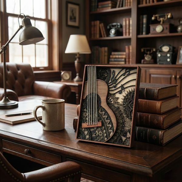 吉他造型木質框畫 木製吉他擺飾,吉他框畫,木質吉他裝飾,吉他造型擺設,音樂主題擺飾,多層次木雕,木製藝術品,居家裝飾品,文青風擺飾,桌面小型擺設,房間風格布置,音樂室裝飾,書房擺飾,客廳裝飾品,交換禮物推薦,音樂人禮物,生日禮物創意,聖誕節禮物,手工禮物