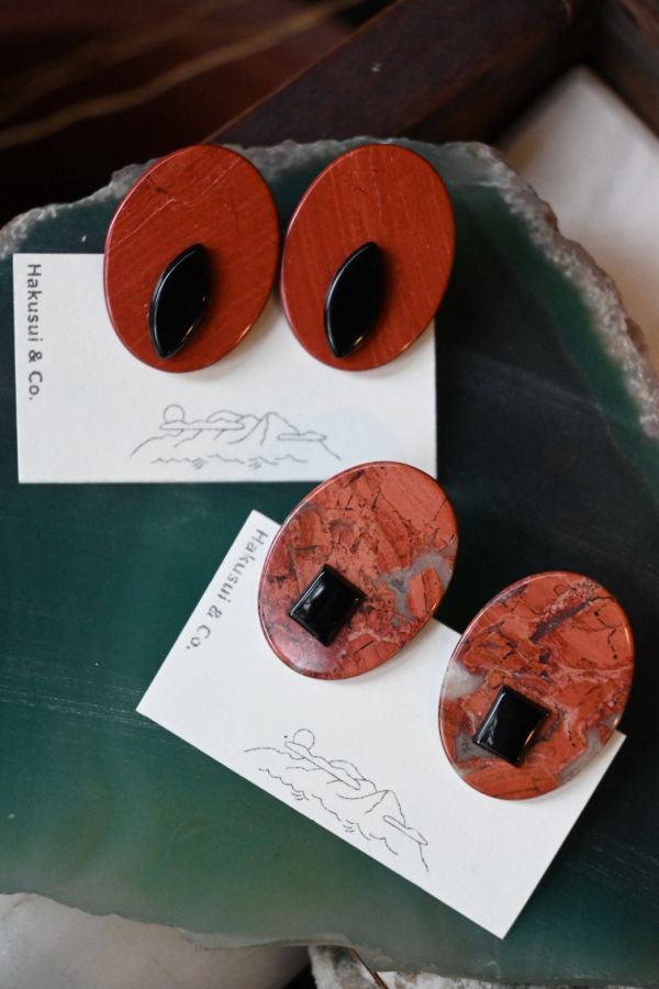 紅花耳針耳夾(橢圓)｜寶石拼圖 